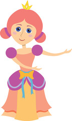 A cartoon princess is wearing a pink dress and pink hair