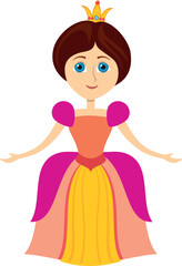 A cartoon princess is wearing a pink and yellow dress and is smiling