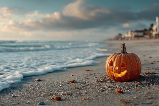 Jack-o'-lantern on a serene beach at sunset during Halloween season - Powered by Adobe