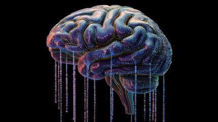 Glowing data streams flow into a digital brain on a dark background symbolizing artificial intelligence learning connectivity knowledge transfer and the fusion of human thought with technology