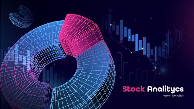 Futuristic financial analytics interface. Fintech analytics digital data dashboard. Financial data processing ai system with abstract 3d wireframe ring chart statistics. Finance data solutions