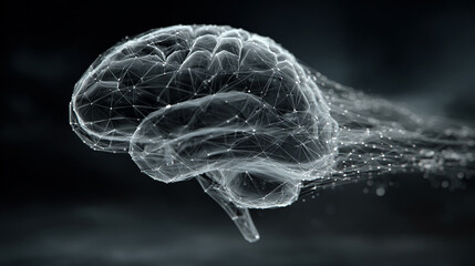 Glowing data streams flow into a digital brain on a dark background symbolizing artificial intelligence learning connectivity knowledge transfer and the fusion of human thought with technology
