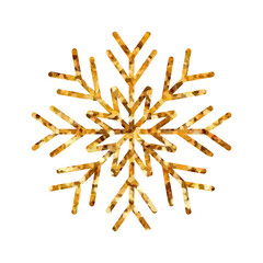 Gold glitter texture snowflake hand drawn icon. Shiny Christmas, New year and winter sparkling golden symbols for print, web, decoration, greeting card.