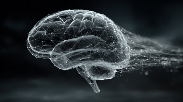 Glowing data streams flow into a digital brain on a dark background symbolizing artificial intelligence learning connectivity knowledge transfer and the fusion of human thought with technology
