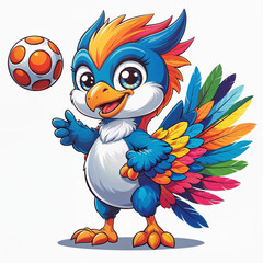 Smiling Cute Rainbow Bird Mascot with Soccer Ball