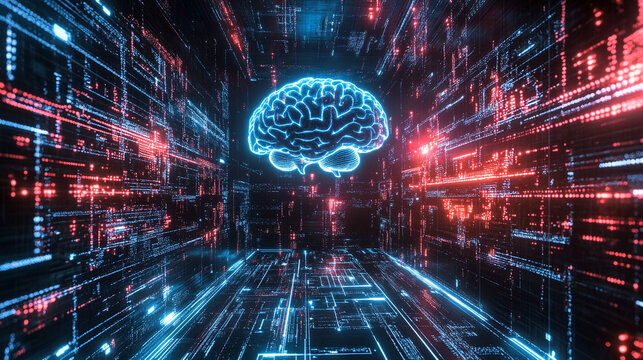 Glowing data streams flow into a digital brain on a dark background symbolizing artificial intelligence learning connectivity knowledge transfer and the fusion of human thought with technology
