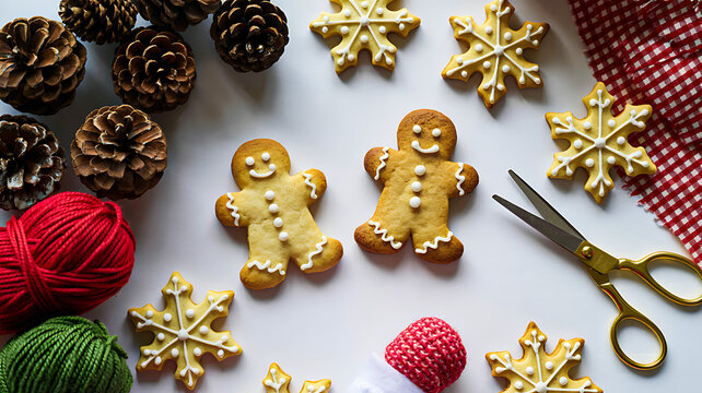 Gingerbread cookies and snowflakes with pinecones, yarn, scissors, and festive cloth in cozy holiday craft setting