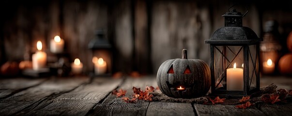 Halloween pumpkins and lanterns create a spooky ambiance on rustic wooden surface