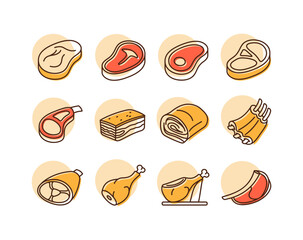 Various Meat Cuts Minimal Flat Icon Set