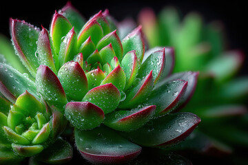 Fototapeta premium Close Up Green Succulent with Water Drops