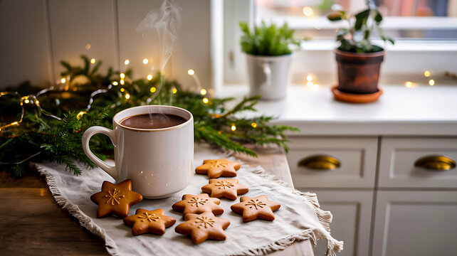 White ceramic mug with hot beverage surrounded by star-shaped gingerbread cookies and festive pine branches indoors