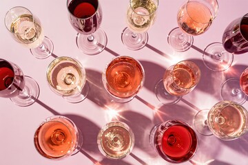 A vibrant and colorful array of different wine glasses skillfully showcasing various shades and reflections