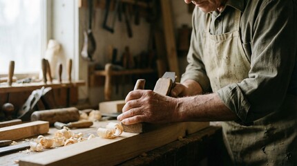 Craftsman using hand plane to shape wood in traditional workshop filled with tools