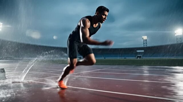 Athlete sprinting on a wet track in a stadium during a rainstorm