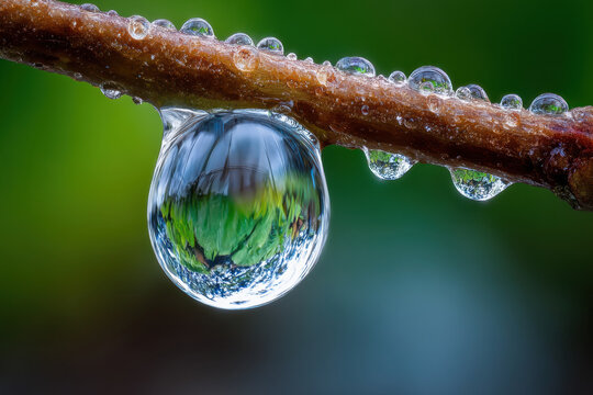 Water droplet reflects nature on a branch during a calm morning in a lush garden