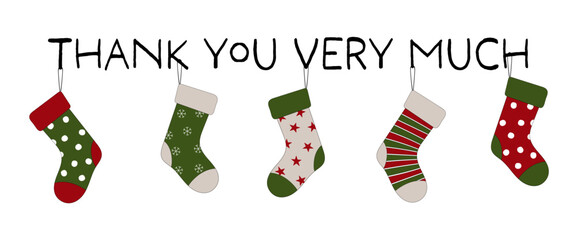 Thank you very much - Schriftzug in englischer Sprache - Vielen Dank. Gru&szlig;karte mit bunten Weihnachtsstr&uuml;mpfen.