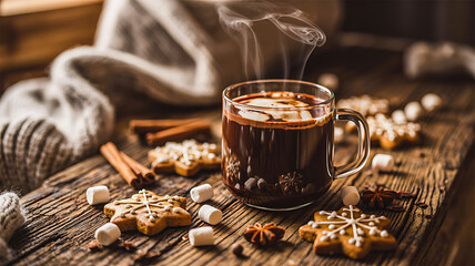 Hot chocolate with whipped cream in glass mug surrounded by snowflake cookies, marshmallows, and spices on rustic surface