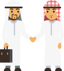 Two men in white robes shaking hands and one of them is holding a briefcase