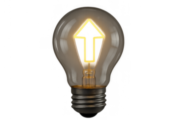 Light bulb with a glowing up arrow filament symbolizing innovation, growth, and improvement on a transparent background