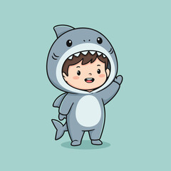 A cute cartoon child dressed in a grey shark costume, smiling and waving, against a plain light blue background.