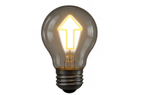 Light bulb with a glowing up arrow filament symbolizing innovation, growth, and improvement on a transparent background