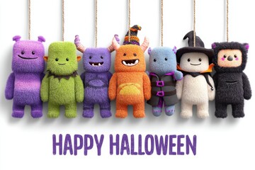 Colorful cartoon monsters hanging on ropes celebrating Halloween festivities