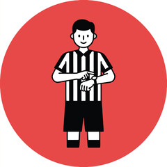 A cartoon illustration of a soccer referee in a striped uniform checking his watch on a red circular background.