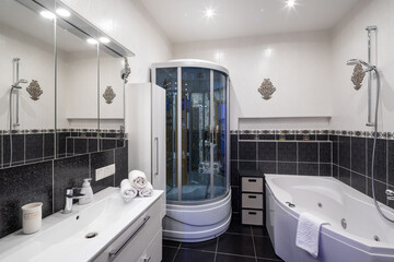 Bathroom in the apartment. Shower stall and bathtub.
