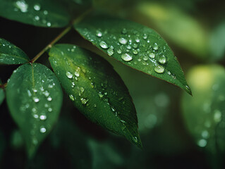 Close-up of lush green foliage featuring numerous small water droplets, capturing sharp detail and the wet, glossy texture of the leaves after a rainfall.