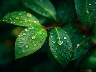 Extreme macro shot of a vibrant green leaf surface covered in large, clear water droplets, symbolizing freshness, purity, and nature after rain or dew.