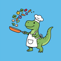 A cute cartoon green dinosaur chef wearing a hat and apron, happily cooking colorful vegetables in a frying pan on a light blue background.