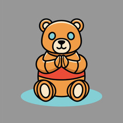 A cute cartoon bear character sitting in a meditative pose with its paws together, wearing a red sash.