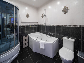 Bathroom in the apartment. Shower stall and bathtub.