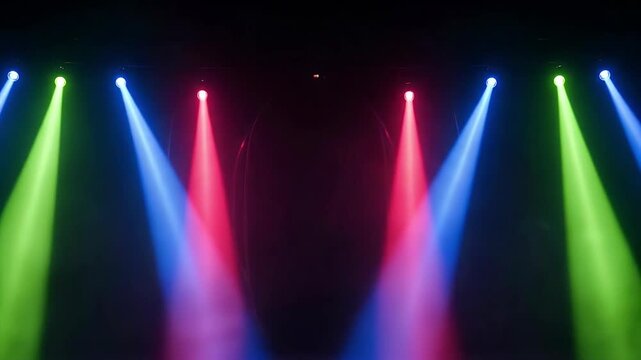 This vibrant video features dynamic stage lighting, with multiple spotlights casting intense beams of green, blue, and red light across a dark, smoky background. The colorful rays of light move and in