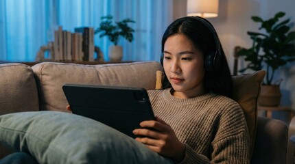 Young woman using tablet while relaxing on sofa at home in cozy evening setting