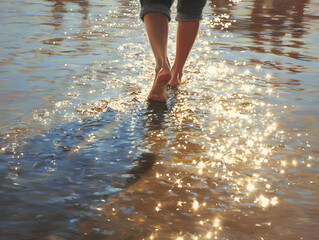 Close-up view of a person's bare feet stepping into a shallow street puddle, capturing the moment of contact and the clear water surface.