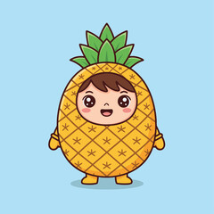 A cute cartoon child with big eyes and a happy expression wearing a full pineapple fruit costume against a light blue background.