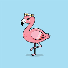 A cute cartoon pink flamingo wearing a white flower crown, standing on one leg against a light blue background, vector illustration.