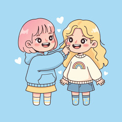 Two cute cartoon chibi girls smiling, one gently touching the other's cheek, surrounded by hearts, symbolizing friendship and happiness.