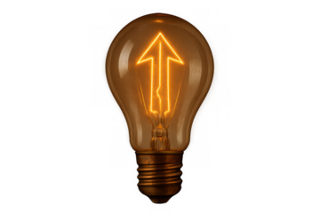 Light bulb filament glowing as an upward arrow symbol, representing growth, innovation, and successful ideas, with transparent background