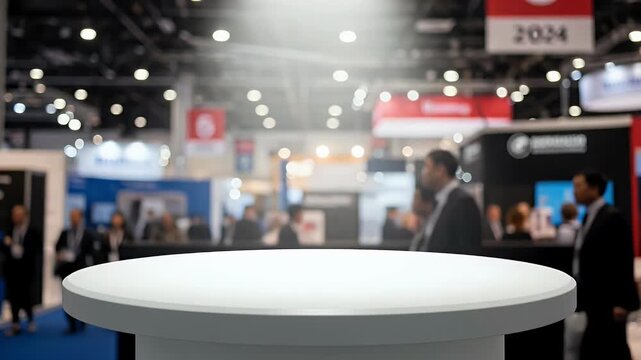 This video features a pristine, empty white display stand illuminated by a bright spotlight, positioned in the foreground with a bustling, out-of-focus exhibition hall in the background. The blurred c