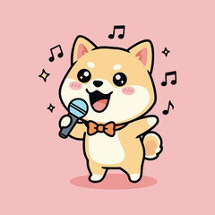 A cute cartoon Shiba Inu dog singing into a microphone with musical notes and sparkles on a pink background, wearing a bow tie.