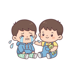 A cartoon illustration of one boy comforting another boy who is crying, showing empathy and friendship.