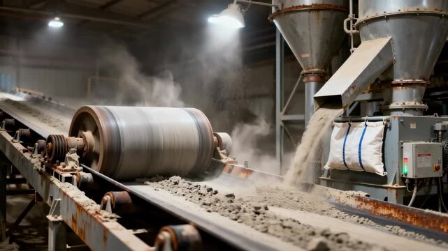 Medium shot of industrial fly ash handling system showcasing equipment efficiency in dry conditions with clear airflow and dust containment.