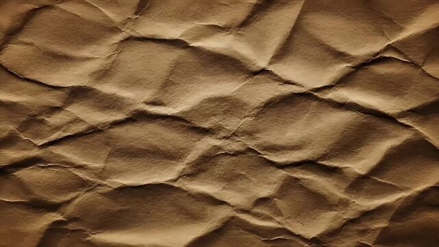 This video showcases a dynamic, textured background of heavily crumpled and creased brown paper. The subtle shifts in lighting and minute movements highlight the intricate wrinkles and folds, creating