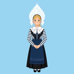 Illustration of a young woman in traditional Breton costume with a large lace coiffe and striped top.