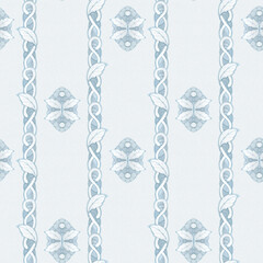 Seamless pattern, wallpaper with hand embroidered white vintage napkin ornament in art nouveau style. Watercolor hand drawn illustration on a light blue watercolor background