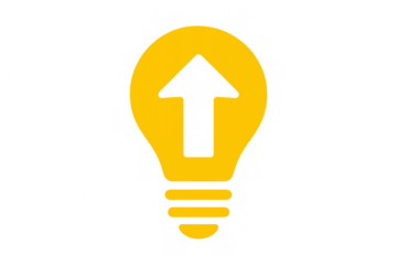 Yellow light bulb icon with an arrow pointing up, representing new ideas, innovation, growth, energy, and progress. Transparent background
