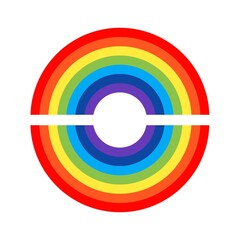 Two halves of a vibrant, circular rainbow illustration separated by a central gap.