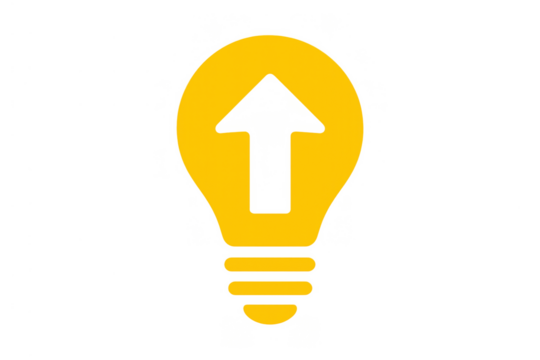 Yellow light bulb icon with an arrow pointing up, representing new ideas, innovation, growth, energy, and progress. Transparent background